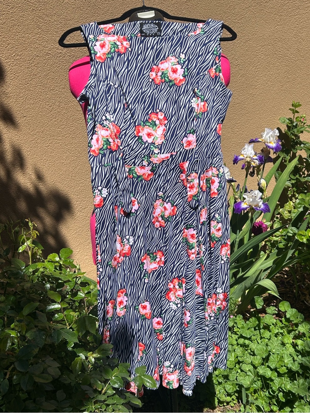 Hearts & Roses Floral & Striped Sleeveless Dress in Navy and Pink